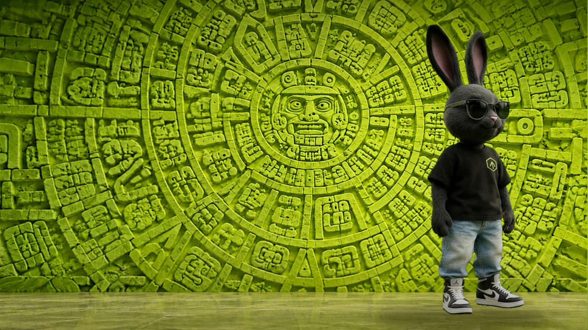Le décor du film de l'accueil : le lapin METHACORP à l'arrêt devant le mur gravé